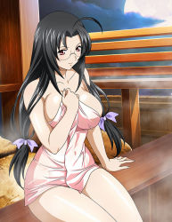 Rule 34 | 1girl, ahoge, bare arms, bare legs, black hair, breasts, brown eyes, closed mouth, cloud, collarbone, covered navel, glasses, hair intakes, hair ribbon, ikkitousen, kaku bunwa, large breasts, long hair, low twintails, moon, naked towel, night, onsen, outdoors, purple ribbon, ribbon, rimless eyewear, shiny skin, sitting, smile, solo, steam, towel, twintails, very long hair