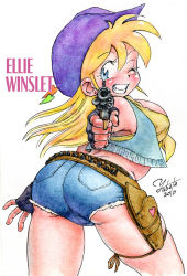 Rule 34 | 1girl, aiming, aiming at viewer, ass, belt, blonde hair, blue eyes, breasts, character name, cowboy hat, cowboy western, ellie winslet, fingerless gloves, from behind, gloves, grin, gun, handgun, hat, large breasts, long hair, one eye closed, original, pistol, revolver, short shorts, shorts, sideboob, smile, solo, weapon, wink, yabataso