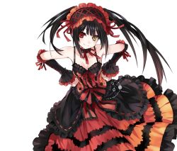 Rule 34 | 10s, 1girl, arm warmers, asymmetrical hair, bare shoulders, black hair, breasts, choker, cleavage, clock, clock eyes, date a live, dress, female focus, hairband, hands on own hips, heterochromia, highres, leaning forward, lolita fashion, lolita hairband, long hair, looking at viewer, ribbon, simple background, smile, solo, symbol-shaped pupils, tokisaki kurumi, tsunako, twintails, uneven twintails, white background