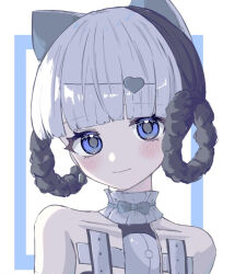 1girl animal_ears bambinata_(pgr) black_hair blue_eyes blush braid braided_hair_rings cat_ears choker fake_animal_ears frilled_choker frills hair_rings heart heart-shaped_pupils mechabare multicolored_hair punishing:_gray_raven solo symbol-shaped_pupils two-tone_hair white_choker white_hair yamii_ne_char