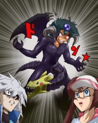 Rule 34 | ash ketchum, carrying, child, creatures (company), crossover, game freak, gen 1 pokemon, grey hair, hat, highres, nintendo, parody, pikachu, pokemon, pokemon (anime), pokemon (creature), pokemon bw2, rosa (pokemon), style parody, turizao, voice actor connection, what, yami bakura, yu-gi-oh!, zorc necrophades
