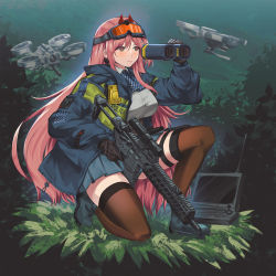 Rule 34 | 1girl, assault rifle, binoculars, black thighhighs, blue jacket, breasts, commission, drone, eyewear on head, girls&#039; frontline, gun, highres, holding, holding binoculars, holding gun, holding weapon, jacket, kneeling, large breasts, long hair, long sleeves, magazine (weapon), mole, mole under eye, on one knee, open clothes, open jacket, orange goggles, persocon93, pink hair, pixiv commission, red eyes, rifle, safety glasses, scope, sig mcx (girls&#039; frontline), sig sauer, sig mcx, solo, thigh strap, thighhighs, weapon