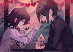 Rule 34 | :q, ahoge, black hair, blush, checkered clothes, checkered scarf, cherry, commentary request, danganronpa (series), danganronpa v3: killing harmony, closed eyes, feeding, food, foreshortening, from side, fruit, glass, glasses, hair between eyes, heart, highres, holding, holding spoon, ice cream, jacket, long sleeves, looking at another, male focus, open mouth, oma kokichi, profile, purple eyes, remonoart, saihara shuichi, scarf, short hair, sitting, smile, spoon, straitjacket, table, tongue, tongue out, yaoi