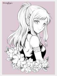Rule 34 | 1girl, bad id, bad twitter id, braiding hair, fire emblem, fire emblem: the sacred stones, floral background, flower, greyscale, hairdressing, hanasaki komugi, long hair, looking at viewer, marisa (fire emblem), monochrome, nintendo, simple background, solo