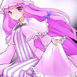 Rule 34 | 1girl, blue ribbon, bow, bowtie, clothes lift, crescent, crescent hair ornament, dress, dress lift, frilled dress, frilled hat, frilled sleeves, frills, hair ornament, hair ribbon, hat, long hair, long sleeves, looking at viewer, pajamas, patchouli knowledge, purple dress, purple eyes, purple hair, red ribbon, ribbon, solo, striped, touhou, very long hair, yukina (masyumaro610)