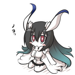 Rule 34 | 10s, 1girl, :&lt;, abyssal ship, anchorage water oni, blush stickers, chibi, commentary request, goma (gomasamune), gradient hair, hair intakes, horns, kantai collection, multicolored hair, red eyes, sitting, solo, translated, wariza, white background