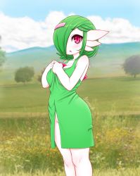 Rule 34 | 1girl, :o, blush, bob cut, breasts, creatures (company), day, dress, feet out of frame, from side, game freak, gardevoir, gen 3 pokemon, green dress, green hair, hair ornament, hairclip, hands up, highres, kionant, looking at viewer, medium breasts, medium hair, nintendo, no panties, outdoors, parted lips, photo background, pokemon, pokemon (creature), red eyes, signature, solo, standing