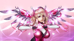 Rule 34 | 1girl, alternate eye color, alternate hairstyle, arm ribbon, bare shoulders, blonde hair, breasts, cleavage, commentary request, criss-cross halter, dress, easonx, eyeliner, gloves, gradient background, hair ribbon, halo, halterneck, heart, heart hands, highres, large breasts, lips, looking at viewer, makeup, mechanical halo, mechanical wings, mercy (overwatch), nose, official alternate costume, overwatch, overwatch 1, parted lips, pink background, pink dress, pink gloves, pink mercy, pink ribbon, purple eyes, ribbon, signature, smile, solo, spread wings, twintails, upper body, watermark, web address, wings