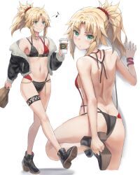 Rule 34 | 1girl, ass, back, bare shoulders, bikini, black jacket, blonde hair, braid, breasts, butt crack, coffee cup, commentary request, cup, disposable cup, fate/apocrypha, fate (series), french braid, full body, green eyes, highres, jacket, long hair, long sleeves, looking at viewer, looking back, mordred (fate), mordred (fate/apocrypha), multiple views, off shoulder, open clothes, open jacket, parted bangs, ponytail, sidelocks, small breasts, smile, swimsuit, tonee, variant set
