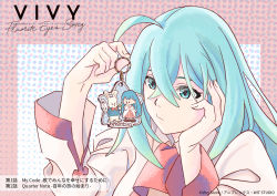 Rule 34 | 1girl, blue eyes, blue hair, character name, company name, copyright name, ebisu takuma, female focus, hair between eyes, hand on own cheek, hand on own face, hand up, holding, charm (object), long hair, looking at object, matching hair/eyes, official art, upper body, vivy, vivy: fluorite eye&#039;s song, watermark, wit studio