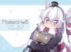 Rule 34 | 10s, 1girl, amatsukaze (kancolle), blush, breath, brown eyes, coat, hug, kantai collection, long hair, looking at viewer, mittens, rensouhou-kun, scarf, silver hair, solo, suga hideo, twintails, two side up