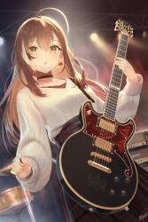Rule 34 | 1girl, absurdres, ahoge, belt, berry, black choker, brown eyes, brown hair, brown skirt, character name, choker, commentary, crossed bangs, cymbals, drum, drum set, earrings, electric guitar, english commentary, eufrik, fingernails, food-themed earrings, gibson les paul, guitar, highres, holding, holding instrument, holding plectrum, hololive, hololive english, instrument, jewelry, long hair, long skirt, looking at viewer, multicolored hair, music, nanashi mumei, nanashi mumei (casual), necklace, official alternate costume, open mouth, plaid, plaid skirt, playing instrument, pleated skirt, plectrum, red shirt, runes, shirt, skirt, sleeves past wrists, solo, speaker, stage, stage lights, streaked hair, sweater, triangle mouth, very long hair, virtual youtuber, white sweater