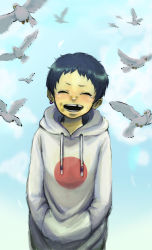 Rule 34 | 1girl, bandaid, bandaid on face, bandaid on nose, bird, blush, dove, earrings, closed eyes, hands in pocket, hands in pockets, highres, hood, hoodie, japanese flag, jewelry, missing tooth, original, riry, short hair, solo, tears