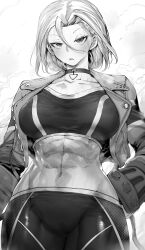 Rule 34 | abs, absurdres, blush, breasts, cammy white, choker, cropped jacket, gloves, greyscale, hair between eyes, highres, jacket, large breasts, looking at viewer, monochrome, muscular, muscular female, niwarhythm, open clothes, open jacket, short hair, solo, street fighter, street fighter 6, sweat, tank top, white background