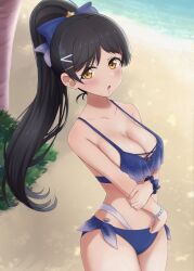 Rule 34 | 1girl, beach, bikini, black hair, bow, bracelet, breasts, cleavage, collarbone, commentary request, day, hair bow, hazuki ren, high ponytail, jewelry, large breasts, long hair, looking at viewer, love live!, love live! superstar!!, navel, ocean, open mouth, outdoors, purple bikini, sand, satolive20, solo, standing, stomach, swimsuit, yellow eyes