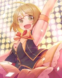 Rule 34 | 1girl, :d, ahoge, arm up, black vest, blush, bow, bowtie, brown hair, green eyes, idolmaster, idolmaster cinderella girls, idolmaster cinderella girls starlight stage, indoors, looking at viewer, open mouth, pink-framed eyewear, rotix, short hair, smile, solo, stage lights, standing, tsuchiya ako, vest