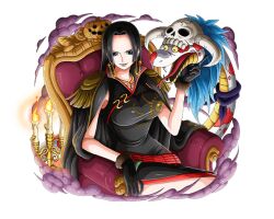 Rule 34 | 1girl, black dress, black gloves, black hair, blue eyes, boa hancock, candle, candlestand, chair, dress, earrings, gloves, jewelry, long hair, official art, one piece, one piece treasure cruise, salome (one piece), sitting, snake