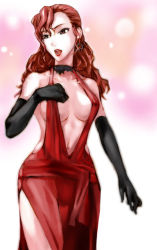 Rule 34 | 00s, 1girl, black gloves, breasts, brigitte stark, choker, cleavage, dress, earrings, elbow gloves, covered erect nipples, evening gown, female focus, fura, gloves, hair down, jewelry, large breasts, lipstick, long hair, makeup, navel, red eyes, red hair, senjou no valkyria (series), senjou no valkyria 1, side slit, sideboob, solo