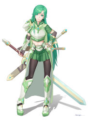 Rule 34 | 1girl, absurdres, armor, armored boots, black gloves, black pantyhose, boots, breastplate, contrapposto, fingerless gloves, full body, gloves, green eyes, green hair, green shirt, green skirt, hand on own hip, head tilt, highres, holding, holding sword, holding weapon, light smile, lipstick, long hair, looking at viewer, makeup, midriff, miniskirt, nail polish, navel, original, pantyhose, pink nails, popped collar, red lips, seigo-hk, sheath, shirt, short sleeves, showgirl skirt, skirt, solo, standing, swept bangs, sword, very long hair, weapon