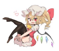 Rule 34 | 1girl, ascot, black thighhighs, blonde hair, fangs, flandre scarlet, full body, hat, medium hair, mob cap, multicolored wings, no shoes, one side up, open mouth, panties, pointy ears, puffy short sleeves, puffy sleeves, red eyes, red skirt, red vest, semimaru (user zzuy5884), shirt, short sleeves, skirt, solo, thighhighs, touhou, underwear, vest, white background, white hat, white panties, white shirt, wings, yellow ascot