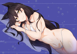 Rule 34 | 1girl, animal ears, atago (azur lane), atago (summer march) (azur lane), azur lane, bare shoulders, bikini, blue background, blush, bracelet, breast press, breasts, bright pupils, closed mouth, commentary, cowboy shot, dutch angle, female focus, hair between eyes, highres, jewelry, large breasts, long hair, looking at viewer, lying, myumi, navel, on side, smile, solo, swimsuit, twitter username, white bikini, yellow eyes