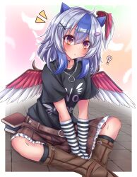 Rule 34 | 1girl, ?, absurdres, belt, bird wings, black shirt, blue hair, blush, book, boots, border, brown belt, brown eyes, brown footwear, brown skirt, brown socks, clothes writing, collarbone, feathered wings, frilled skirt, frills, grey hair, hair between eyes, hair ornament, hairclip, head wings, highres, horns, jewelry, jirai kei, knee boots, kneehighs, multicolored hair, necklace, parted lips, red wings, shirt, short hair, short sleeves, single head wing, siw0n, skirt, socks, solo, tokiko (touhou), touhou, two-tone hair, white border, wings, x hair ornament