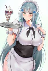Rule 34 | 1girl, absurdres, alternate costume, apron, aqua background, aqua hair, blush, breasts, dress, enmaided, food, girls&#039; frontline, green eyes, hairband, highres, hk416 (girls&#039; frontline), huge filesize, ice cream, large breasts, long hair, looking at viewer, maid, maid apron, maid headdress, necktie, smile, solo, sweat, tray, zengi