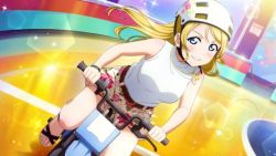 Rule 34 | 1girl, artist request, ayase eli, bare legs, bare shoulders, belt, bicycle, blonde hair, blue eyes, blush, breasts, brown belt, feet, female focus, hair between eyes, helmet, light brown skirt, long hair, looking at viewer, love live!, love live! school idol festival, love live! school idol festival all stars, love live! school idol project, medium breasts, parted lips, ponytail, riding, riding bicycle, riding bike, sandals, shirt, smile, solo, white shirt