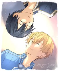 Rule 34 | 2boys, black hair, blonde hair, blue coat, closed eyes, closed mouth, coat, commentary request, dated, eugeo, hair between eyes, highres, kirito, looking to the side, male focus, multiple boys, rotational symmetry, short hair, sketch, smile, sword art online, sword art online: alicization, tokira nozumi, translation request, upper body, upside-down