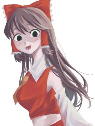 Rule 34 | 1girl, :d, black eyes, blush, bow, breasts, brown hair, collared shirt, commentary, cookie (touhou), crop top, detached sleeves, empty eyes, frilled bow, frilled hair tubes, frills, hair bow, hair tubes, hakurei reimu, hirunebu oekaki, long hair, looking at viewer, looking to the side, medium breasts, noel (cookie), open mouth, red bow, red shirt, shaded face, shirt, simple background, sleeveless, sleeveless shirt, smile, solo, touhou, upper body, white background, white sleeves