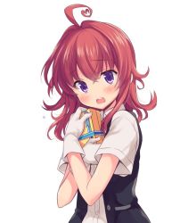 Rule 34 | 1girl, ahoge, arashi (kancolle), black vest, blouse, commentary request, gift, gloves, kantai collection, kerchief, messy hair, neckerchief, odawara hakone, open mouth, pleated skirt, purple eyes, red hair, round teeth, school uniform, shirt, short sleeves, simple background, skirt, solo, teeth, upper body, upper teeth only, vest, white background, white gloves, white shirt