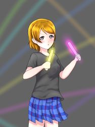 Rule 34 | 1girl, absurdres, artist name, artist request, bare legs, black shirt, blue skirt, blush, breasts, brown hair, checkered clothes, checkered skirt, female focus, glowstick, hair between eyes, highres, holding, holding glowstick, koizumi hanayo, looking at viewer, love live!, love live! school idol project, miniskirt, parted lips, plaid, plaid skirt, pleated, pleated skirt, purple eyes, shirt, short hair, short sleeves, skirt, small breasts, smile, solo, spotlight, v-shaped eyebrows