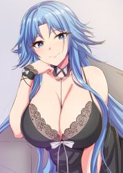 Rule 34 | 1girl, azur lane, between breasts, black camisole, blue eyes, blue hair, blush, breasts, camisole, cleavage, closed mouth, commentary, detached collar, eyelashes, garukichi, grey background, hand on own chin, head rest, highres, huge breasts, lace trim, light blue hair, long hair, looking at viewer, official alternate costume, parted bangs, simple background, smile, solo, sovetskaya belorussiya (azur lane), sovetskaya belorussiya (relaxation stratagem) (azur lane), spaghetti strap, upper body, wrist cuffs