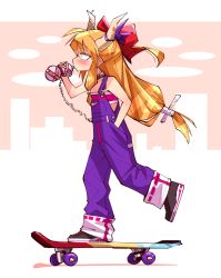 Rule 34 | 1girl, blush, bow, cityscape, cuffed, drinking, gourd, hand in pocket, horns, long hair, looking to the side, multicolored footwear, naked overalls, orange hair, overalls, pants, pants rolled up, purple overalls, red bow, sarashi, shimizu pem, shoes, skateboard, skateboarding, slit pupils, sneakers, solo, touhou