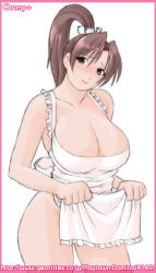 Rule 34 | 1girl, apron, apron lift, artist name, bare shoulders, blush, border, breasts, brown eyes, brown hair, champ+, cleavage, clothes lift, cowboy shot, curvy, facing viewer, head tilt, high ponytail, lifted by self, looking at viewer, naked apron, pink border, shiranui mai, simple background, smile, snk, solo, standing, the king of fighters, watermark, web address, white apron, white background
