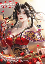 Rule 34 | 1girl, absurdres, baizhou mian, bare shoulders, black hair, chi lian (qinshi mingyue), cloud, cloudy sky, dress, falling petals, hand up, highres, holding, holding whip, long hair, medium hair, multi-tied hair, off-shoulder dress, off shoulder, parted lips, petals, qinshi mingyue, red dress, red nails, second-party source, sky, snake, solo, upper body, weapon, whip sword