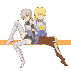 Rule 34 | 2girls, :o, agrias oaks, armor, armored boots, blonde hair, boots, braid, breastplate, brown eyes, crossed legs, crossover, female focus, final fantasy, final fantasy tactics, highres, looking at viewer, multiple girls, open mouth, purple eyes, ravness loxaerion, short hair, silver hair, simple background, sitting, tactics ogre, thigh boots, thighhighs, thighs, white background, zettai ryouiki