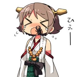 Rule 34 | &gt; &lt;, 10s, 1girl, bare shoulders, beetle, brown hair, bug, detached sleeves, closed eyes, hairband, headgear, hiei (kancolle), bug, japanese clothes, kanikama, kantai collection, lowres, nontraditional miko, plaid, plaid skirt, ribbon-trimmed sleeves, ribbon trim, short hair, simple background, skirt, stag beetle, tears, white background