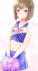 Rule 34 | 1girl, ban tsugumi, blue shirt, blue skirt, blush, bob cut, breasts, cheerleader, closed mouth, collarbone, commentary request, frown, green hair, highres, holding, holding pom poms, looking at viewer, midriff, natsu (927013), navel, pom pom (cheerleading), pom poms, red eyes, shirt, skirt, small breasts, solo, standing, toji no miko, upper body, white background