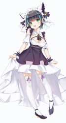 Rule 34 | 1girl, absurdres, aqua eyes, arms at sides, azur lane, bad id, bad pixiv id, black footwear, black hair, blunt bangs, blush, breasts, catnnn, cheshire (azur lane), cleavage, collared shirt, commentary request, contrapposto, crescent, crescent pin, detached sleeves, dress, fang, foot up, frilled dress, frills, full body, garter straps, hairband, high heels, highres, large breasts, looking at viewer, maid, maid headdress, multicolored hair, open mouth, puffy short sleeves, puffy sleeves, ribbon, shirt, shoes, short hair, short sleeves, simple background, skirt hold, smile, solo, streaked hair, thighhighs, two-tone hair, white background, white thighhighs, wrist cuffs