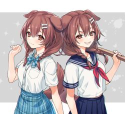 Rule 34 | 2girls, :3, animal ears, blue sailor collar, blue skirt, bone hair ornament, bow, bowtie, braid, breast pocket, brown eyes, brown hair, closed mouth, commentary request, dog ears, dog girl, dog tail, dual persona, grin, hair ornament, highres, holding, hololive, inugami korone, looking at viewer, midriff peek, multiple girls, neckerchief, pleated skirt, pocket, red neckerchief, ria (lya s2), sailor collar, school uniform, serafuku, shirt, short sleeves, simple background, skirt, smile, sparkle, tail, twin braids, virtual youtuber, white shirt