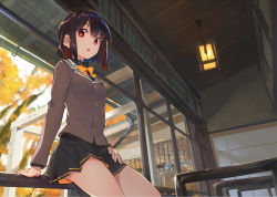 Rule 34 | 1girl, arm at side, artist name, autumn, autumn leaves, black hair, black shirt, black skirt, blazer, blurry, blush, bow, bowtie, brown jacket, buttons, collared shirt, cowboy shot, depth of field, drainpipe, gradient hair, hand on own hip, highres, indoors, jacket, lantern, light, logo, long sleeves, looking at viewer, multicolored hair, orange bow, orange bowtie, original, pleated skirt, railing, red eyes, red hair, shirabi, shirt, short hair, sitting, skirt, solo, thighs, tile wall, tiles, window shutter, wing collar