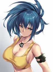 Rule 34 | 1girl, arm strap, bare shoulders, blue eyes, blue hair, breasts, cleavage, closed mouth, collarbone, dog tags, from above, gradient background, highres, large breasts, leona heidern, long hair, looking at viewer, looking up, ponytail, pouch, serious, solo, sports bra, takanashi-a, the king of fighters, the king of fighters xiv, upper body, white background
