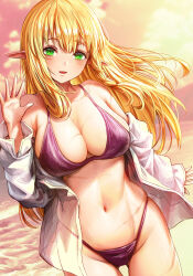Rule 34 | 1girl, absurdres, beach, bikini, bikini under clothes, blonde hair, boroboro no elf-san o shiawaseni suru kusuri uri-san, braid, breasts, commentary request, cowboy shot, elf, facial scar, gibagiba, green eyes, highres, large breasts, long hair, looking at viewer, navel, off shoulder, outdoors, pointy ears, reszurre, sand, scar, scar on arm, scar on breasts, scar on cheek, scar on face, scar on leg, scar on stomach, see-through, see-through shirt, skindentation, smile, solo, swimsuit, water, waving