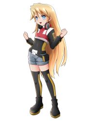 Rule 34 | 1girl, absurdres, alternate costume, alternate hairstyle, belt, blonde hair, blue eyes, boots, breasts, burique, ciel (mega man), commission, commissioner upload, crop top, crossover, headphones, headphones around neck, high collar, highres, long hair, long sleeves, looking at viewer, mega man (series), mega man battle network (series), mega man zero (series), non-web source, open mouth, redesign, shirt, shorts, small breasts, thighhighs, thighs, tight clothes, tight shirt, transparent background
