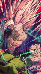 Rule 34 | 2boys, aura, biceps, cell max, dougi, dragon ball, dragon ball super, dragon ball super super hero, gohan beast, highres, long bangs, long hair, looking at viewer, male focus, mire1931, multiple boys, muscular, muscular male, red eyes, sleeveless, son gohan, spiked hair, upper body, v-shaped eyebrows, veins, white hair, wristband