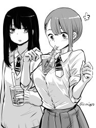 Rule 34 | 2girls, between breasts, blush, bra, breasts, bubble tea, bubble tea challenge, commentary request, cup, disposable cup, drinking, drinking straw, flat chest, greyscale, hair between eyes, hana (mieruko-chan), highres, holding, holding cup, izumi (toubun kata), large breasts, long hair, long sleeves, looking at another, mieruko-chan, miko (mieruko-chan), monochrome, multiple girls, necktie, pleated skirt, school uniform, see-through, shirt, short hair, short necktie, simple background, sketch, skirt, sleeves past wrists, sweater, twitter username, underwear, upper body, white background