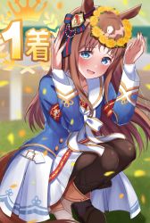 Rule 34 | 1girl, animal ears, black pantyhose, blurry, blurry background, blush, boots, brown hair, commentary request, crouching start, dandelion, flower, grass wonder (umamusume), hair ornament, highres, horse ears, horse girl, horse tail, looking at viewer, pantyhose, petals, sitting, solo, tail, umamusume