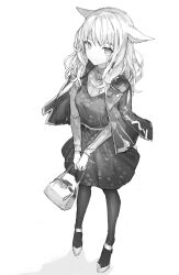 Rule 34 | 1girl, animal ears, bag, facial mark, final fantasy, final fantasy xiv, full body, greyscale, highres, holding, holding bag, jacket, long hair, long sleeves, looking at viewer, miqo&#039;te, momoko (momopoco), monochrome, open clothes, open jacket, own hands together, shadow, simple background, solo, thighhighs, whisker markings, white background
