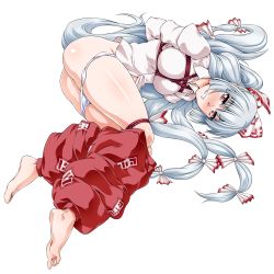 Rule 34 | 1girl, arms behind back, ass, baggy pants, barefoot, bdsm, blush, bondage, bound, bow, breasts, clenched teeth, clothes pull, commentary request, dress shirt, feet, fujiwara no mokou, full body, hair bow, juliet sleeves, long hair, long sleeves, looking at viewer, medium breasts, nose blush, ootsuki wataru, panties, pants, pants pull, panty pull, puffy sleeves, red eyes, red pants, restrained, scowl, shibari, shibari over clothes, shirt, silver hair, solo, teeth, touhou, transparent background, underwear, very long hair, white bow, white panties, white shirt
